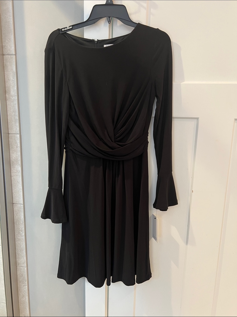 Black Long-Sleeve Draped Waist Dress with Flared Cuffs
